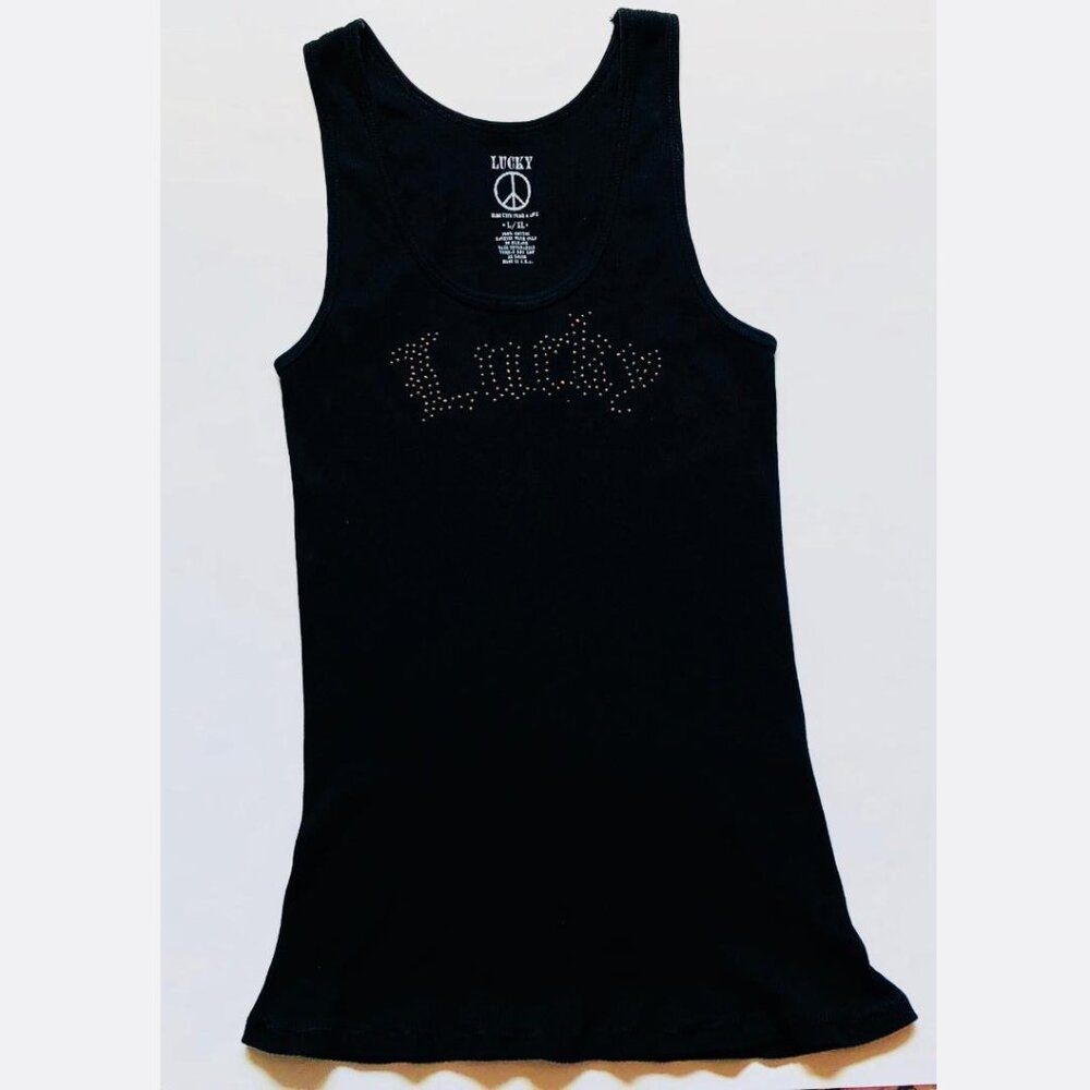 Lucky Brand, Black tank top/tee with logo in metallic studs on front, Size: L/XL